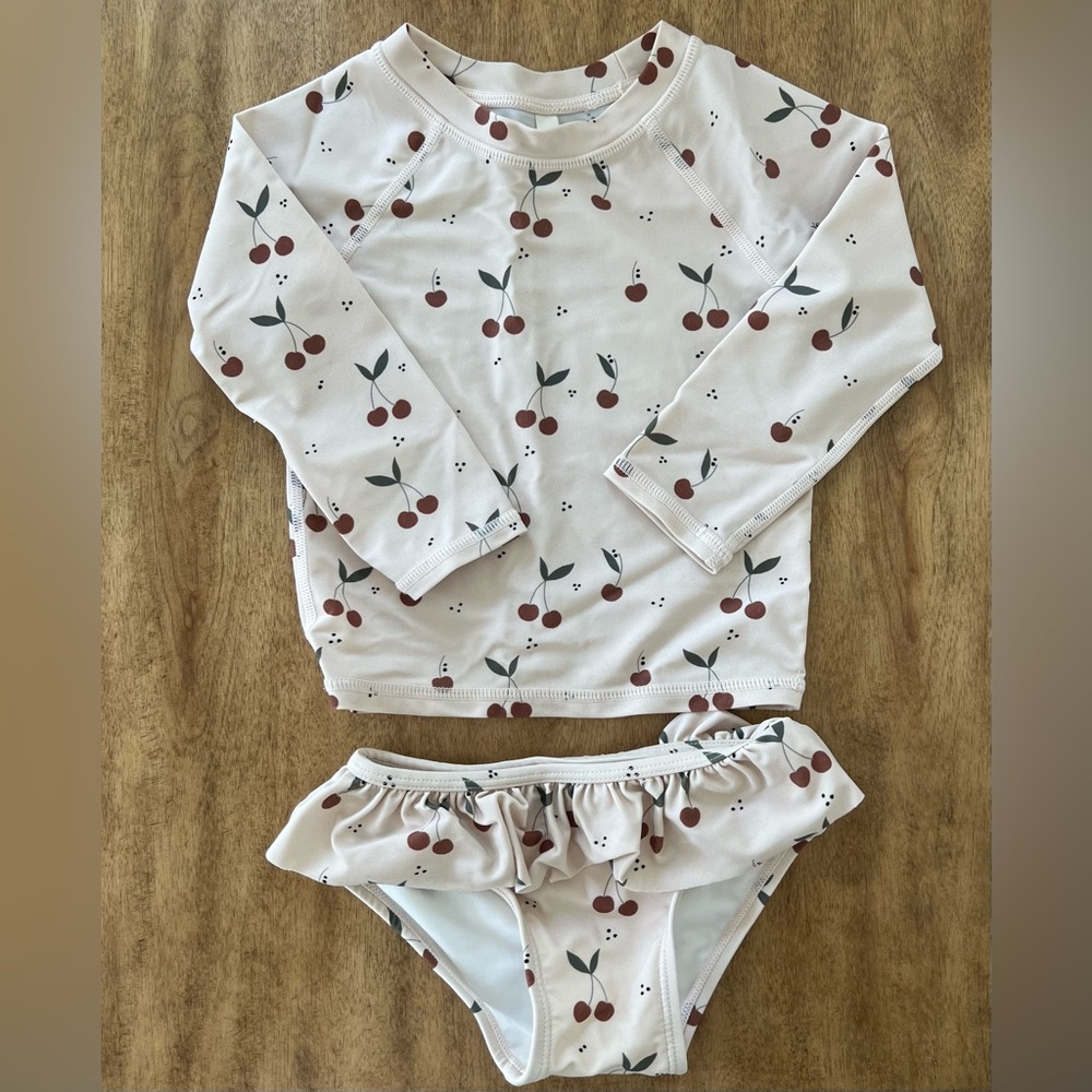 Rylee + Cru Cherry Print Kids Swim Rashguard Set - Cream and Red